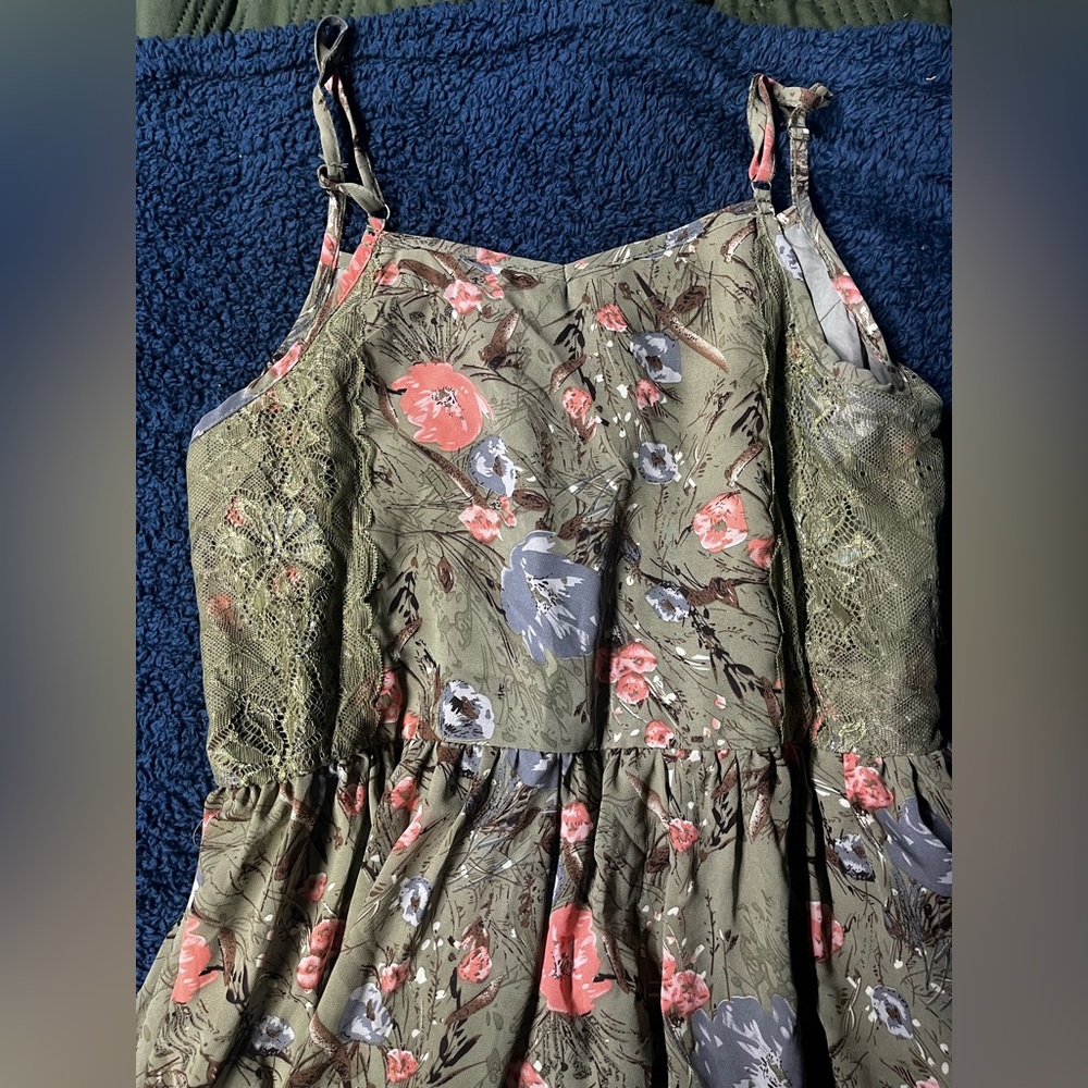 Olive Green Floral Dress - Picture 3 of 5